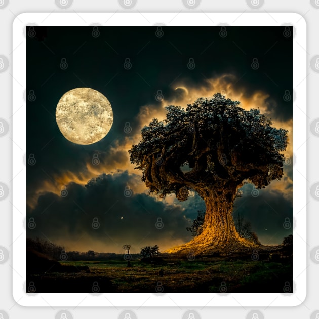 Large old oak tree at night surrounded by glowing magic mushrooms on the ground and a full moon in the sky with fractal clouds Sticker by Riverside-Moon